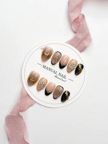JUTI 100% Handmade Short Almond Shaped Nail Tips, Hand-Carved 3D Flowers And Gold Star Decorations, Nude Base With Black French Tips, Gold Foil And Metallic Accents, Glossy Fake Nails Suitable For Daily Wear, Dates, Parties, Weddings, Casual Gatherings And Minimalist Looks | Includes 1 Nail File And 1 Sheet Of Jelly Glue Complete Nail Set - Multicolor - View 2