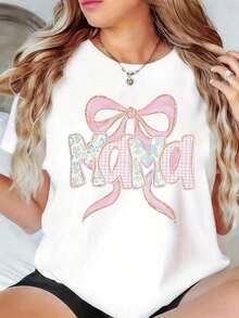 Camiseta "Cute Mama" con lazo rosa y estampado floral para el Día del Orgullo Materno, Día del Orgullo de la Independencia de Estados Unidos. - Blanco - Ver 1