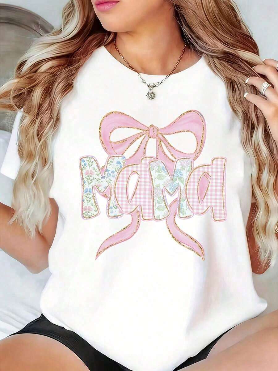 Camiseta "Cute Mama" con lazo rosa y estampado floral para el Día del Orgullo Materno, Día del Orgullo de la Independencia de Estados Unidos. - Blanco - Ver 1