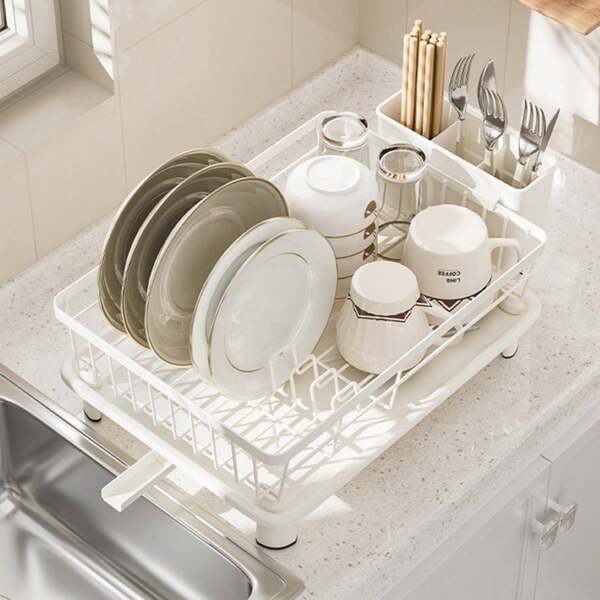 Kitchen Sink Dish Drainer Rack With 360°Drip Tray Cutlery Holder Plate Cup Racks