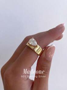 MADEONE 1pc Elegant Minimalist Teardrop Zirconia Ring, 925 Sterling Silver Material, Delicate Jewelry Gift For Women, Birthday/Anniversary - Gold - View 7