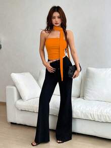 Top bandeau de unicolor minimalista para mujer, para uso casual diario - Naranja - Ver 3