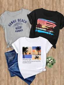 Women's T-Shirts, 1-Piece Set With Tropical Beach And American Flag Prints, 1-Piece Elegant, Casual, Sporty, Gift, Soft, Machine Washable, Short-Sleeved Top With Round Neck. - 1件黑色隨機圖案 - 查看 1