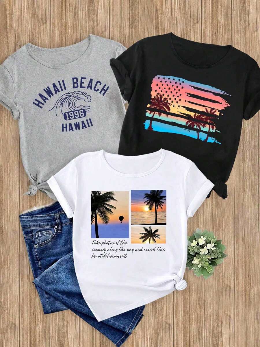 Women's T-Shirts, 1-Piece Set With Tropical Beach And American Flag Prints, 1-Piece Elegant, Casual, Sporty, Gift, Soft, Machine Washable, Short-Sleeved Top With Round Neck. - 1件黑色隨機圖案 - 查看 1