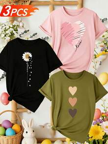 Women's T-Shirts, 1-Piece Set Of Women's Round Neck T-Shirt, Comfortable, Soft And Breathable, With Floral And Heart Prints, Pretty Clothing, Suitable For Sports And Fitness, Daily Wear, Outdoor Activities And Any Other Occasion, A Gift For Friends And Family, Easter, Mother's Day. - 1件白色隨機圖案 - 查看 5