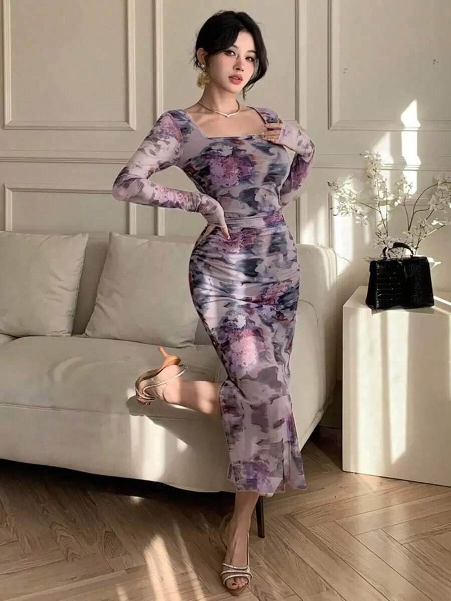 Vestido con estampado floral de primavera y verano, vestido elegante de manga larga transparente con dobladillo de sirena ajustado para festival de música, boda, fiesta, vestido de paseo - Morado - Ver 1