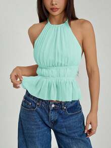 Top sin espalda con cuello de halter con pliegues y cintura con lazo para mujer - Celeste - Ver 7