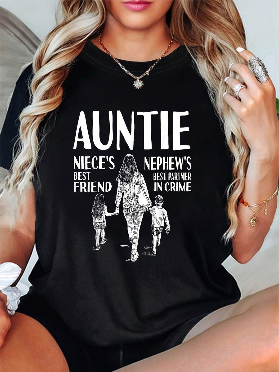 Plus Size - Plus Size - Funny Graphic T-Shirt For Plus Size Women Aunt Granddaughter And Nephew - Print "Aunt's Best Friend" And "Nephew's Best Partner In Crime", Casual Short Sleeve Crew Neck T-Shirt, Spring/Summer Casual Wear, Auntie T-Shirt - 黑色 - 查看 1