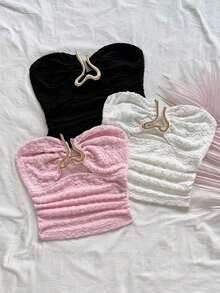3 piezas Parte superior de camisola acortada con textura de punto para mujer con decoración de hebilla metálica con forma de corazón hueco, ajustada y estilizadora, adecuada para Navidad, cita nocturna, discoteca, playa, crucero, té de la tarde, es - Multicolor 4 - Ver 4