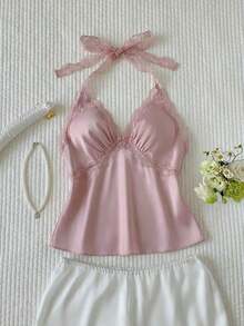 Top halter sin espalda con parches de lunares y encaje para mujer - Rosa - Ver 6