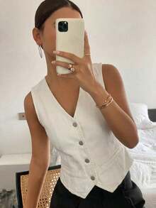 Chaleco vaquero casual con cuello en V para mujer - Blanco - Ver 4