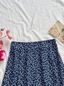 Falda casual con abertura en el bajo y estampado floral diminuto para mujer - Azul marino - Ver 8