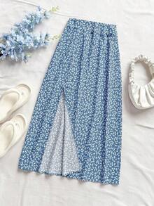 Falda casual con abertura en el bajo y estampado floral diminuto para mujer - Azul y blanco - Ver 4