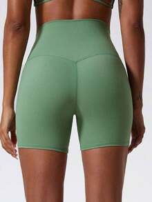 1 pieza Pantalones cortos de yoga elásticos de color nude, adecuados para correr, fitness, ciclismo y otros deportes, pantalones cortos ajustados transpirables y de secado rápido para mujeres en color negro - Verde - Ver 7