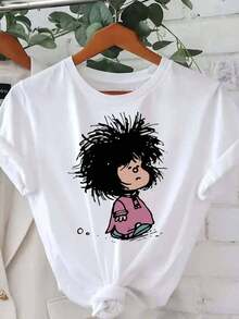 Mexicano Básico Camiseta Tide impreso de cuello redondo de talla grande para mujeres, camiseta gráfico de Mafalda para mujeres - camiseta antiguo de cómic de manga corta con cuello redondo y estampado del icónico personaje de Mafalda, diseño retro blanco y rosa conjunto de ropa casual cómodo, blusa lavable a máquina para todos ellos las estaciones, ajuste relajado cuello redondo clásico, estampado de Mafalda divertido, prenda básico versátil para mujeres, camisetas para mujeres, 100% algodón de moda Nuevo Lanzamiento - Blanco - Ver 1