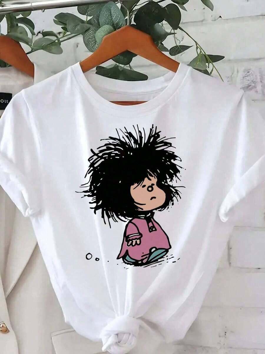 Mexicano Básico Camiseta Tide impreso de cuello redondo de talla grande para mujeres, camiseta gráfico de Mafalda para mujeres - camiseta antiguo de cómic de manga corta con cuello redondo y estampado del icónico personaje de Mafalda, diseño retro blanco y rosa conjunto de ropa casual cómodo, blusa lavable a máquina para todos ellos las estaciones, ajuste relajado cuello redondo clásico, estampado de Mafalda divertido, prenda básico versátil para mujeres, camisetas para mujeres, 100% algodón de moda Nuevo Lanzamiento - Blanco - Ver 1