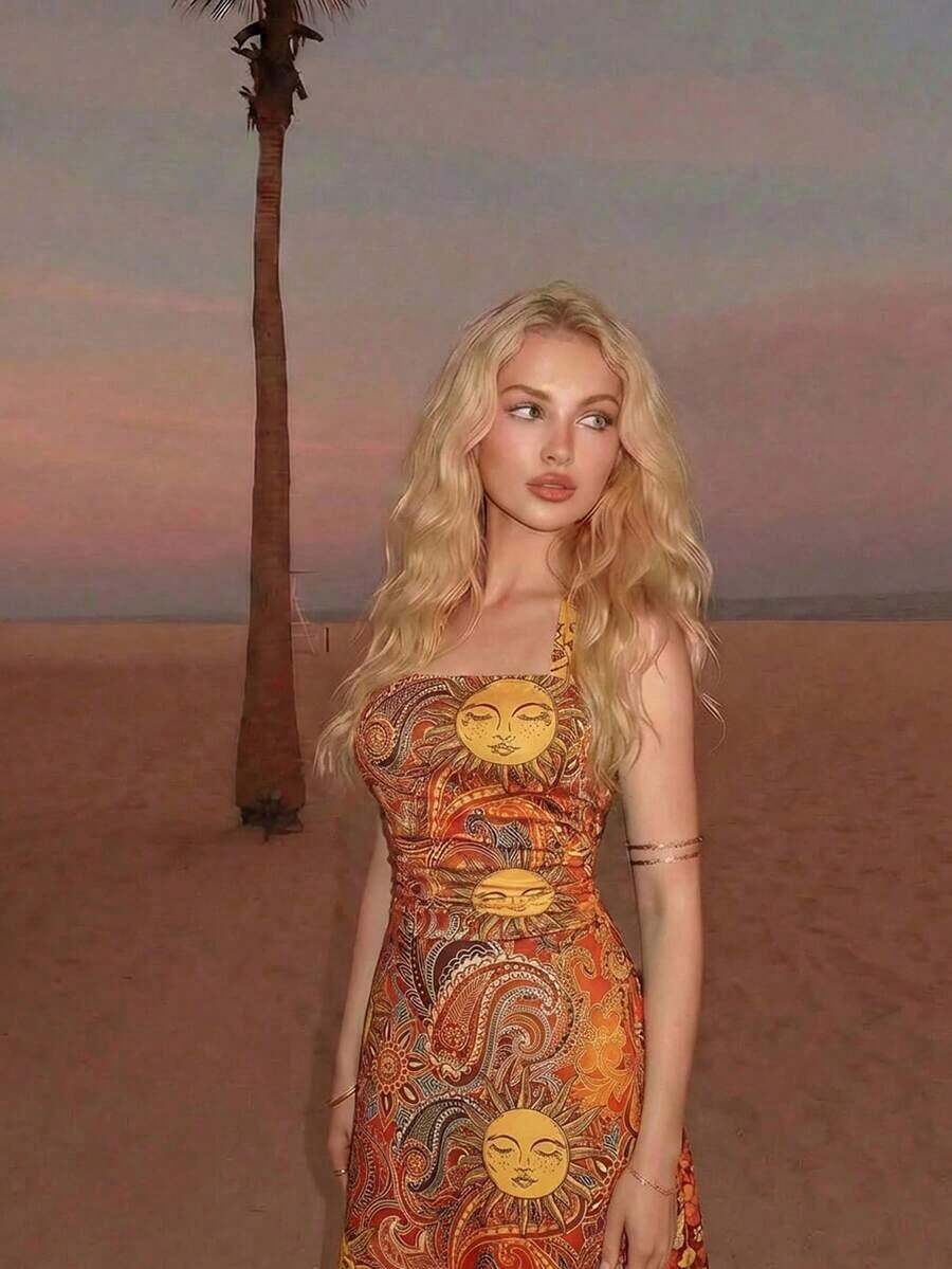 Vestido de mujer de unicolor con escote halter y cintura en línea A - Naranja - Ver 1