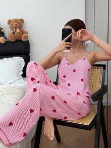 Conjunto de pijama de camiseta de tirantes y pantalones con estampado de corazones a rayas y efecto arrugado para mujer - Rosa - Ver 5