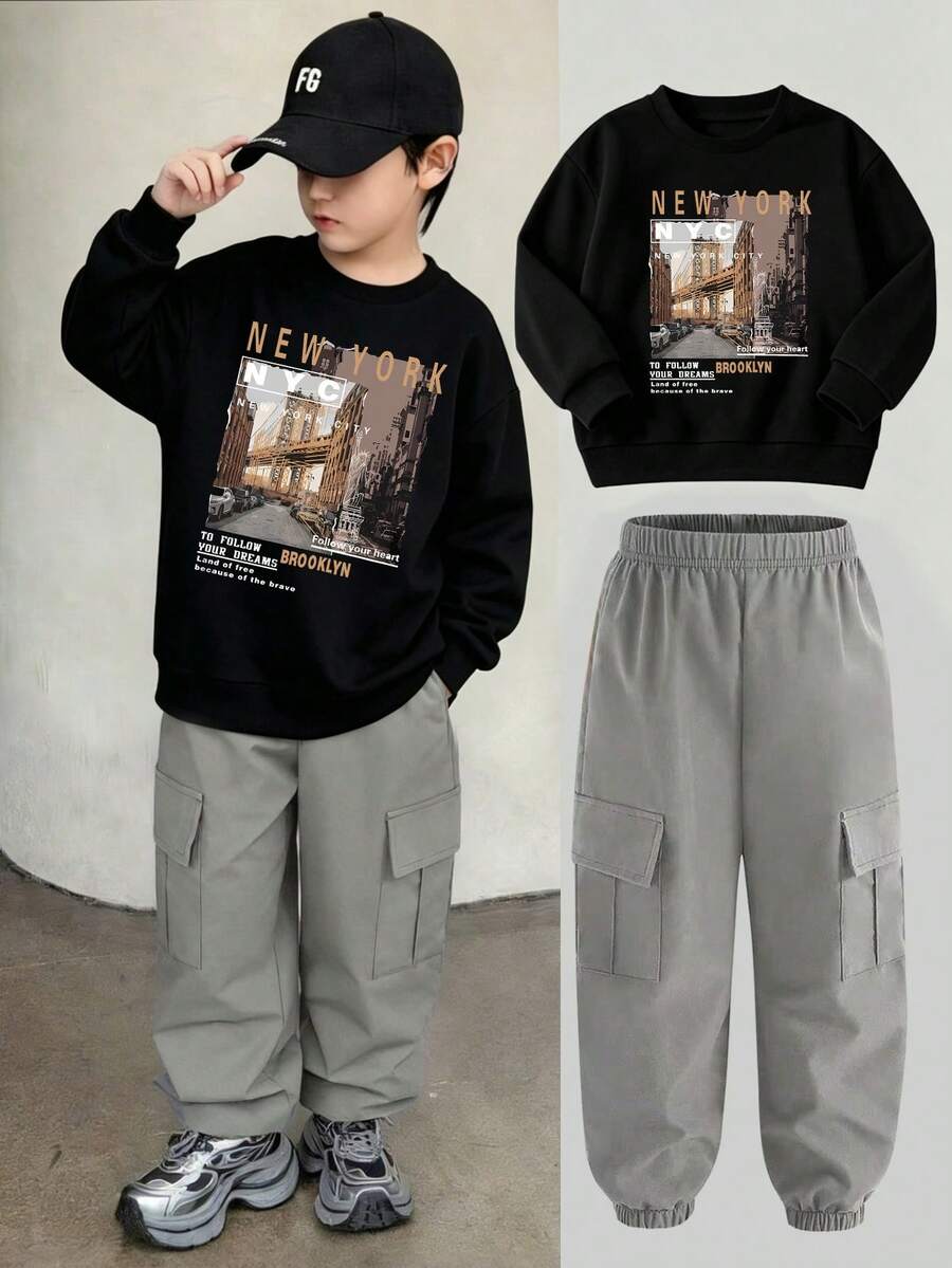 Tween Boy Numeric Print Crew Neck Long Sleeve Top And Cargo Pants Set - Black - View 1