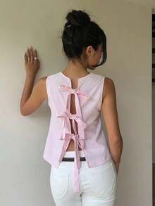 1 pieza Blusa elegante sin mangas de unicolor con espalda descubierta y lazo - Rosa Pálido - Ver 5