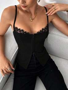 Camiseta de tirantes de verano para mujer con encaje contrastante y botones delanteros - Negro - Ver 6