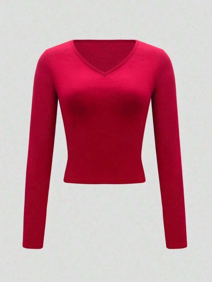 Camiseta casual ajustada de mujer con cuello en V, manga corta y corta - Rojo - Ver 1
