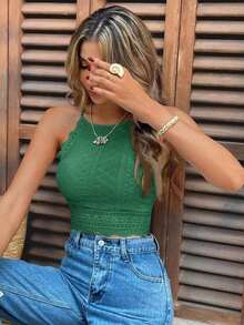 Camiseta de tirantes de mujer con cuello halter, hombros descubiertos y entredós de encaje - Verde Oliva - Ver 6