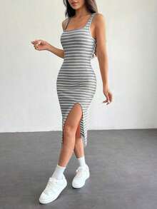 Vestido casual de verano para mujer con parte superior de tirantes y rayas, con abertura - Gris Claro - Ver 4
