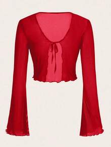 Top de malla con mangas acampanadas, abertura frontal con nudo, y ribete de lechuga.Top casual de mujer de ajuste regular, con cuello en V, mangas acampanadas con volante, y efecto colorblock en negro.Prenda de mujer sencilla para primavera/o - Rojo - Ver 2