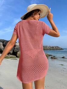 Conjunto de ropa de verano para mujer - Cubierta de playa de unicolor con cortes huecos, estilo de vacaciones de verano - Rosado Sandía - Ver 2