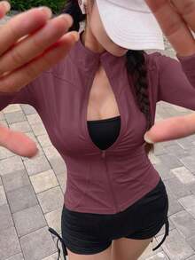 Chaqueta de manga larga de cuello alto elástico de unicolor entallada, ropa deportiva y casual, primavera/otoño - Rosa Fucsia - Ver 3