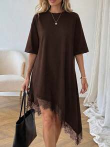 Vestido de talla media de manga corta con bajo asimétrico, de uso diario, de vacaciones y casual, de unicolor con parches de encaje, de moda básica para mujeres - Marrón - Ver 8