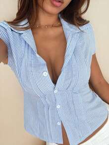 Blusa blanca de manga corta ajustada con cuello para mujer - Azul y blanco 2 - Ver 5