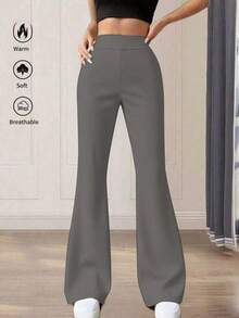 Pantalones acampanados de cintura alta de unicolor para mujer de talla pequeña, color negro, para primavera - Púrpura polvoriento - Ver 2