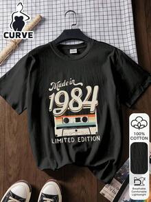 Women's Plus Size 100% Cotton Short Sleeve T-Shirt With 1984 Cassette Tape Print And English Lyrics, Soft Fabric, Casual Summer Top, Graphic Tee, Beach Vacation, Travel Outfit, Minimalist Holiday Style In Black - 黑色 - 查看 2