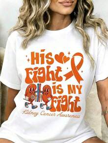 1 Piece Kidney Cancer Awareness T-Shirt "Their Fight Is My Fight" With Orange Support Ribbon Design For Men And Women, Gift For Cancer Survivors, Clothing For Awareness Campaigns, 180g 100% Cotton - 白色 - 查看 12