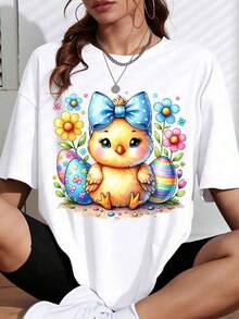 1 Piece Of Easter Chick Design T-Shirt, Black, With Blue Bow And Colorful Eggs, Floral Design For Spring And Easter Celebrations, 180g, 100% Cotton. - White - View 12