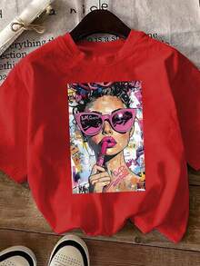 Plus Sizes - Plus Sizes - A Pop Art Style Illustration Showing A Woman With Pink Glasses And Lipstick, Designed For Women's Summer Fashion, Including New Short-Sleeved T-Shirts And Stylish Casual Printed Blouses For Elegant Ladies. - 紅色 - 查看 5