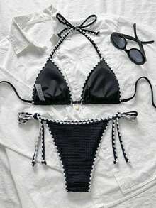 Conjunto de bikini de 2 piezas para mujer de verano con tela jacquard de unicolor, volantes en el borde y tirantes ajustables - Negro 2 - Ver 2