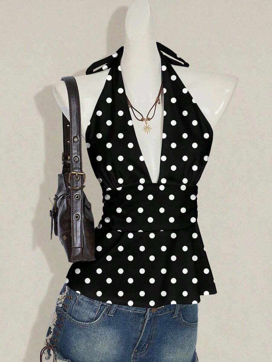 Parte superior con escote halter de cuello en V profundo y espalda descubierta con estampado de lunares retro para mujer, sexy para clubes, Y2K, grunge, clásico, old money, clubes, fiestas, moda hip-hop - Multicolor - Ver 1