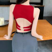 Nuevas camisetas deportivas sin mangas para mujer con almohadillas de sujetador, tops cortos casuales sin espalda, camisola de punto para correr, tops de ropa urbana para mujer - Rojo - Ver 5