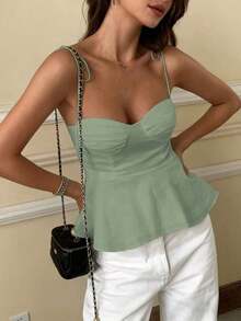 1 pieza Blusa casual sin mangas con volantes en el bajo, Elegante top tubo minimalista francés de color blanco puro, Camiseta sin mangas ajustada para vacaciones y viajes, Ligera camiseta con lazo delantero, Ropa exterior sexy tipo babydoll que acentúa las curvas, Primavera/Verano/Otoño - verde menta - Ver 1