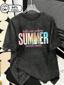 Plus Size Women's T-Shirt, Vintage Wash, 64% Cotton, Printed With The Words "Take Me To A Place Where Summer Never Ends", Round Neck, Short Sleeves, Summer Slogans, Beach Palm Tree Prints, Casual Design, Ideal Summer Top, Suitable For Everyday Wear, Printed T-Shirt - 黑色 - 查看 6