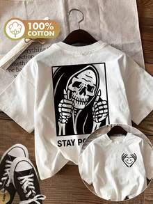 Top casual de verano para mujer con estampado de doble cara que presenta un estilo oscuro, calavera y el texto 'STAY POSITIVE' en una camiseta pura de manga corta con cuello redondo - Blanco - Ver 7