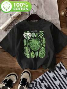 Monstera Leaf Graphic Print T-Shirt, 220g, 1 Piece, Plant Theme, Casual For Women, 100% Cotton, Minimalist Style, Summer Top - 黑色 - 查看 1