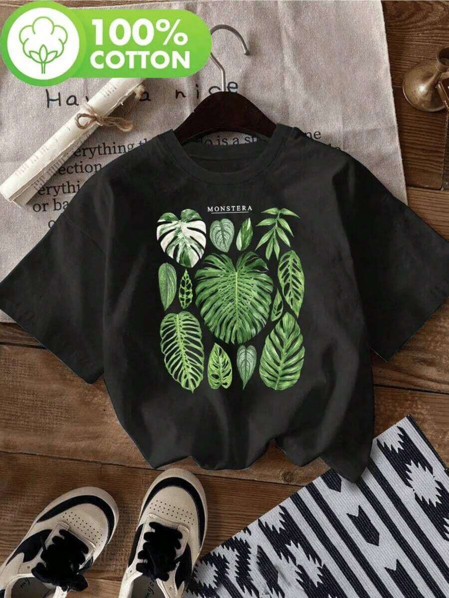 Monstera Leaf Graphic Print T-Shirt, 220g, 1 Piece, Plant Theme, Casual For Women, 100% Cotton, Minimalist Style, Summer Top - 黑色 - 查看 1