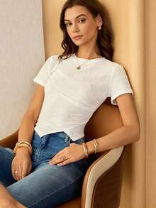 de manga corta con pliegues y bajo asimétrico de unicolor casual para mujer, verano - Blanco 3 - Ver 5