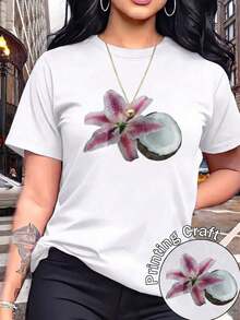 100% Cotton Ladies' Regular Length Casual Short-Sleeved Crew Neck Shirt With Graphic Print And Slight Stretch. - White - View 2