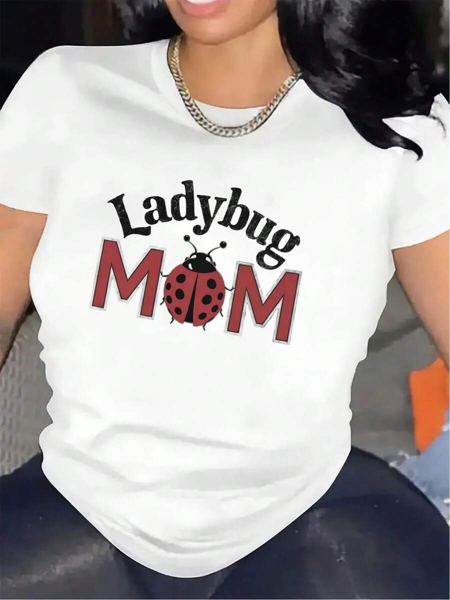 Short-Sleeved T-Shirt With Ladybug Mom Design | Suitable For Wearing In The Home Living Room, Durable And Comfortable Fabric, Stylish And Lightweight Top, Ideal For Everyday Wear, A Perfect Gift For Mother's Day Or Birthday Celebrations, Round Neck, Slightly Stretchy Fabric. - 白色 - 查看 1