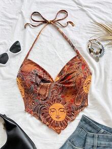 Nuevo atuendo casual de vacaciones, boda en la playa, invitado de boda, graduación, brunch, Día de San Patricio, vacaciones de primavera, Pascua, festival de música, elegante, bohemio, tropical, blusa de atar al cuello con espalda anudada, camiseta - Marrón - Ver 5